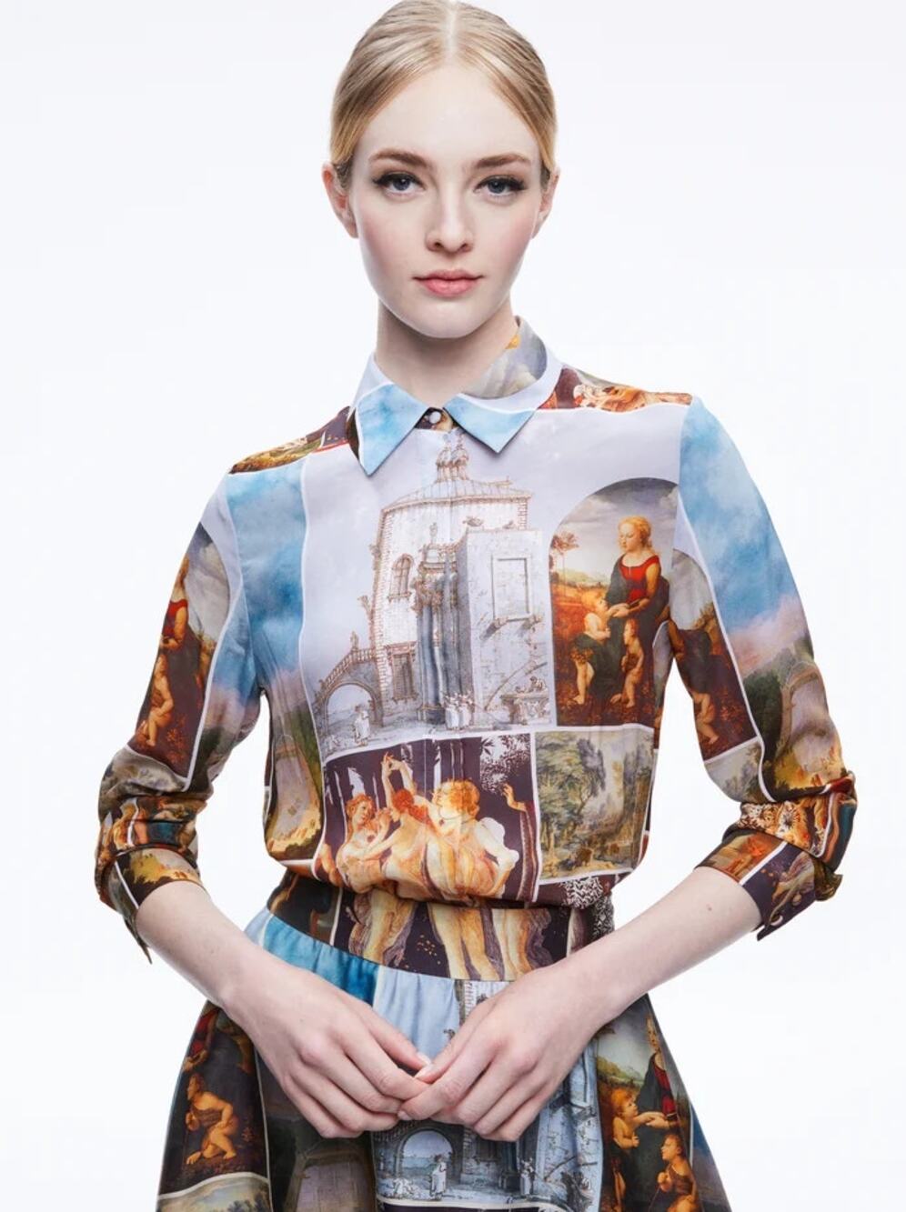 Alice + Olivia Willa Renaissance Patchwork Silk Shirt Sunday Dreaming Size Small